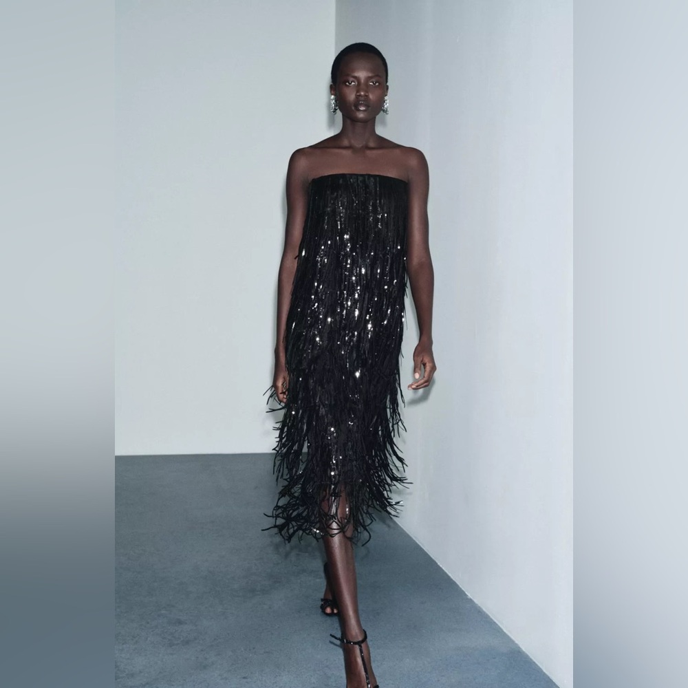Zara Limited Edition SEQUIN FRINGE Black Midi DRESS sz.XS